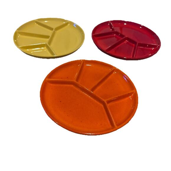Vintage Gerz Mid Century Divided RED Stoneware Fondue Plate Set OF 3 - Picture 1 of 7